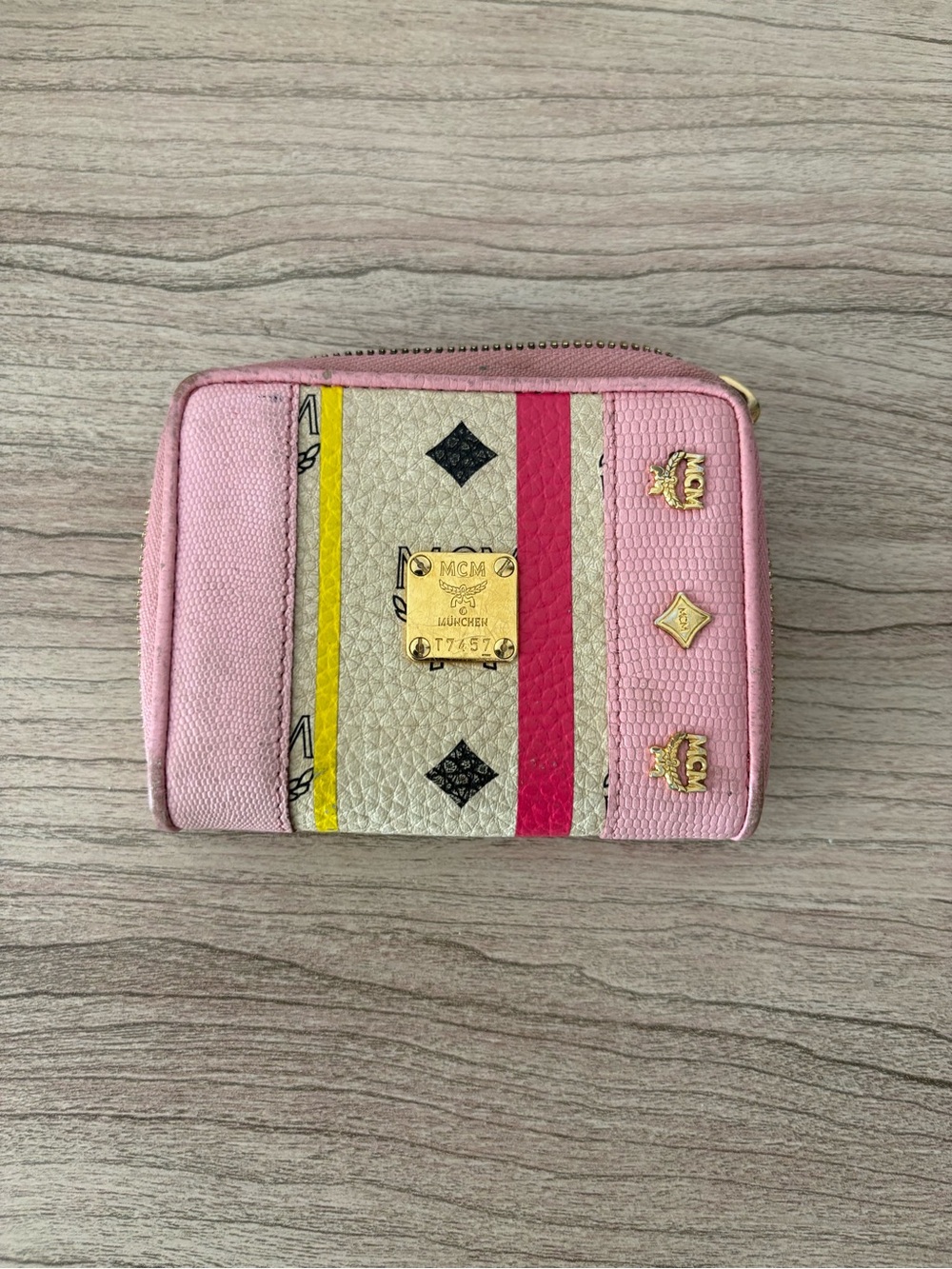 MCM Pink and Cream Zip Wallet with Yellow & Fuchsia Stripes